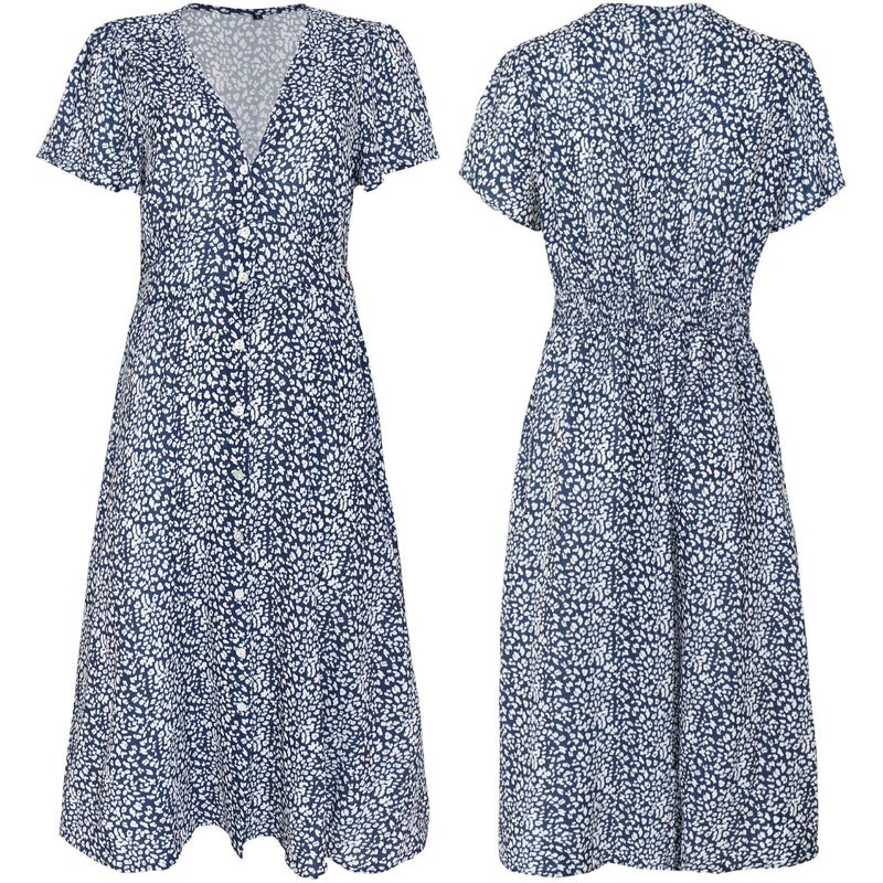 ROYLAMP Women's Floral Button Up Split Dress Deep V Short Bell Sleeve Flowy Midi Dress with Pockets Navy Blue S - Image 5